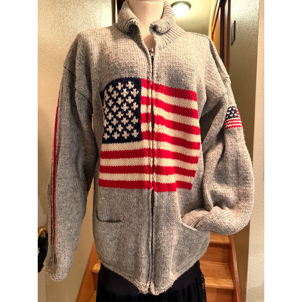 Gray American Flag Wool Zip-Up Cardigan Sweater Ecuador